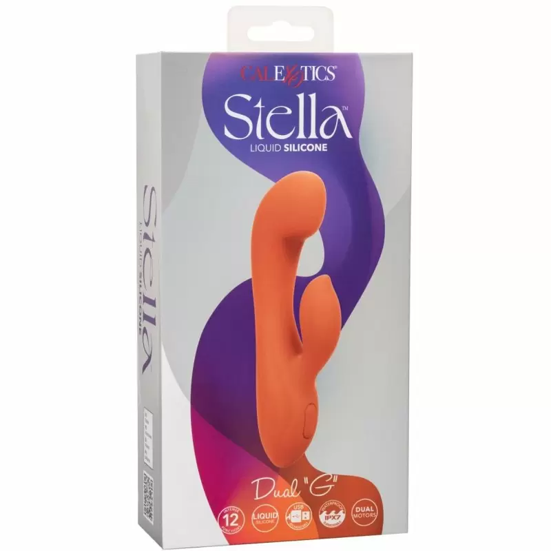 Изогнутый вибратор-кролик STELLA LIQUID SLCNE DUAL G, 17,8 см, силикон, оранжевый