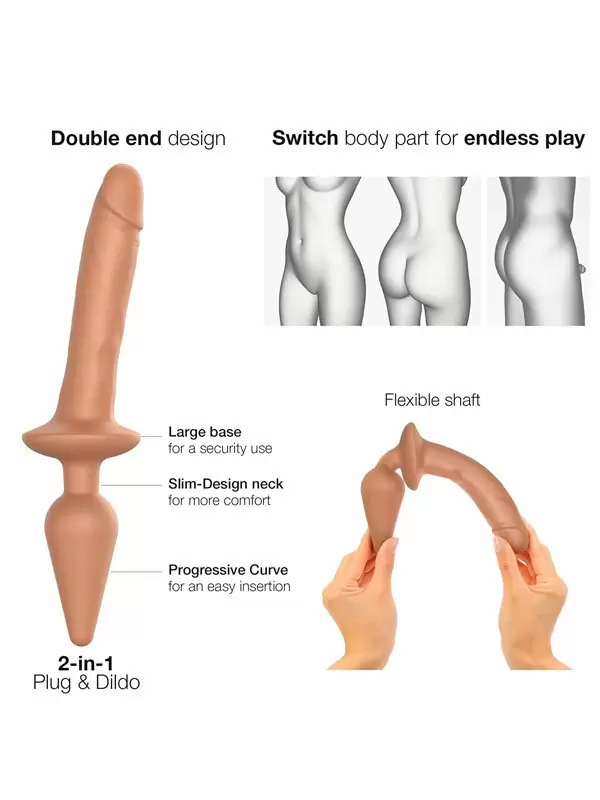 Реалистичный фаллоимитатор Strap-On-Me Switch Plug-In Realistic, двусторонний, с анальной пробкой, размер L