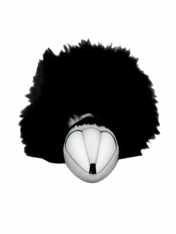 Анальная пробка Kanikule,серебристая с черным заячьим хвостиком, размер S