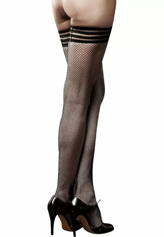 Высокие чулки в сеточку Baci After Dark с декоративными полосами на манжетах  – черный