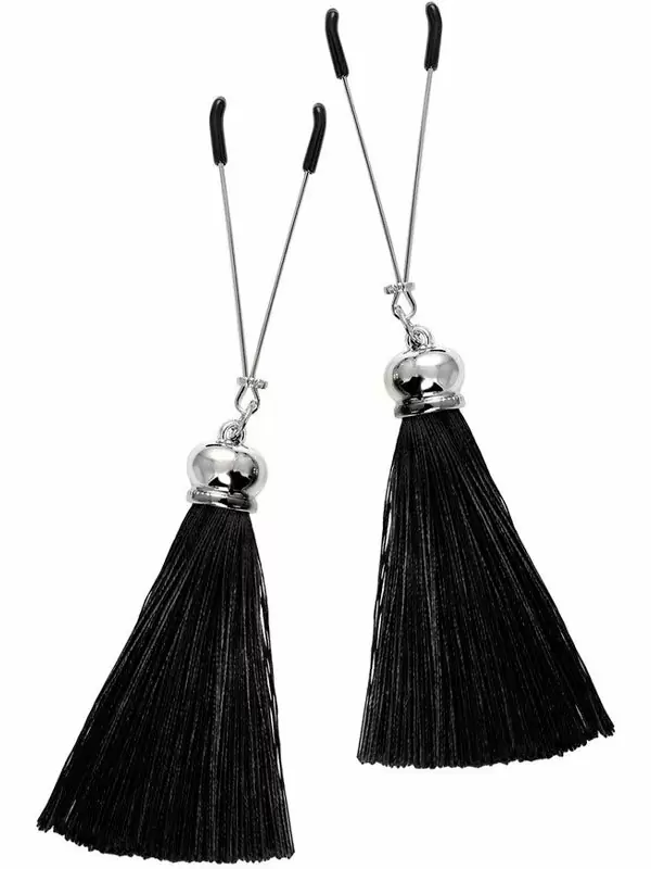 Зажимы на соски Pecado BDSM, «Вилки», с кисточками из шелка, металл, черные