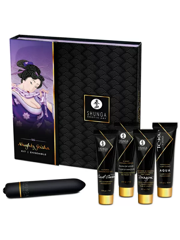 Подарочный набор Shunga Naughty Geisha, 5 предметов: возбуждающие крема, лубрикант, вибропуля 10 скоростей