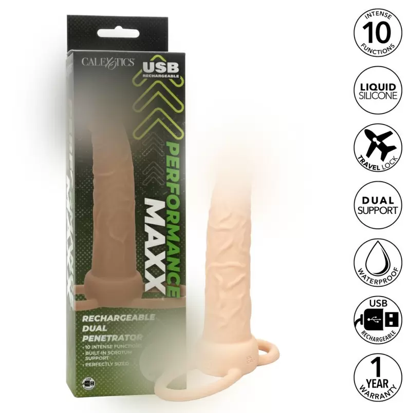 Реалистичная вибронасадка Performance Maxx Rechargeable Dual Penetrator, для двойного проникновения, 14 см, 10 режимов, светло-телесный