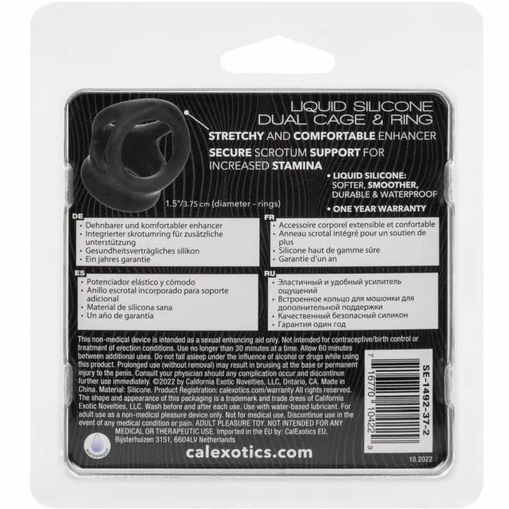 Универсальное эрекционное кольцо Alpha Liquid Silicone Dual Cage & Ring, с подхватом мошонки, диаметр 3,75 см, ТПЕ, черный