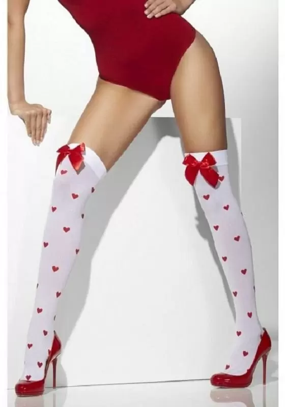 Чулки Fever Romantigue с сердечками и бантиками - белый, красный