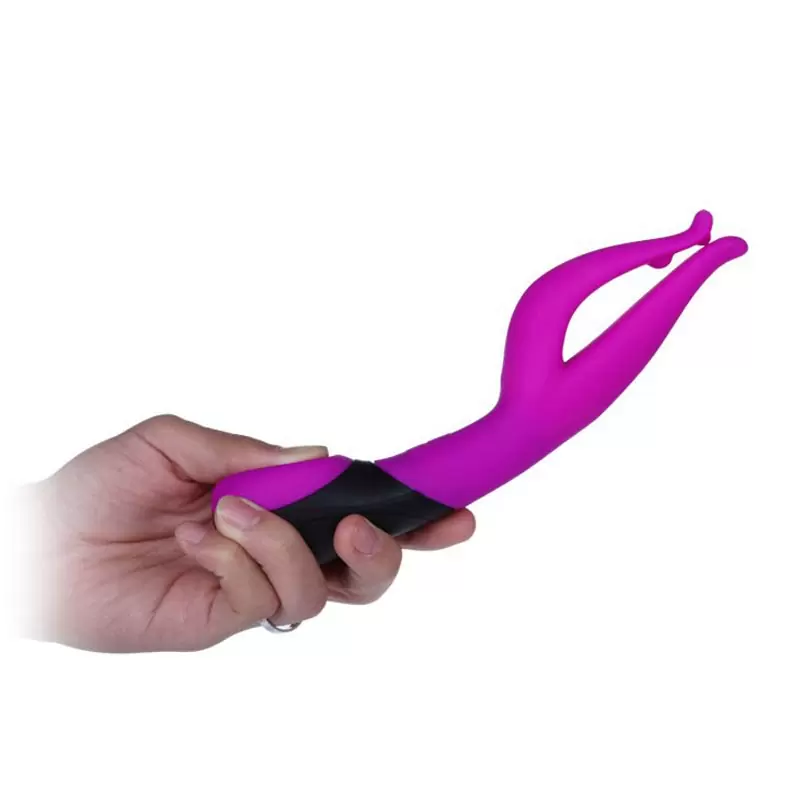 Водонепроницаемый вибромассажер Dean с раздвоенным концом и воздушным регулятором-подушкой – малиновый