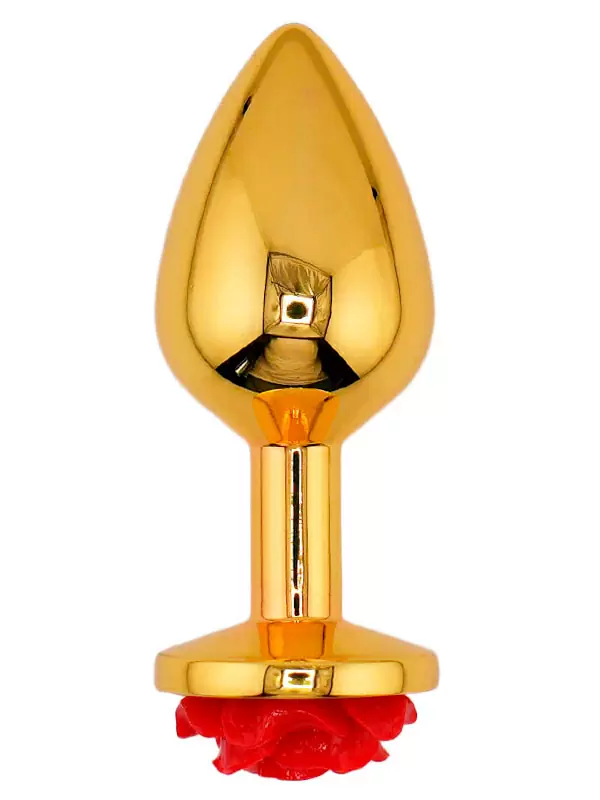 Золотая анальная пробка с ограничителем в форме красной розы, размер M, Kanikule